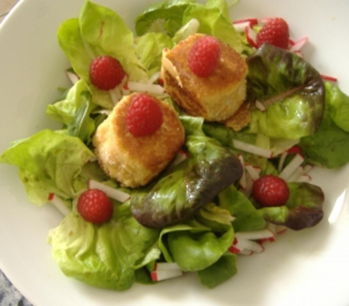 Sommersalat mit gebackenen Ziegenkäse und Himbeer-Mint-Vinaigrette - Rezept