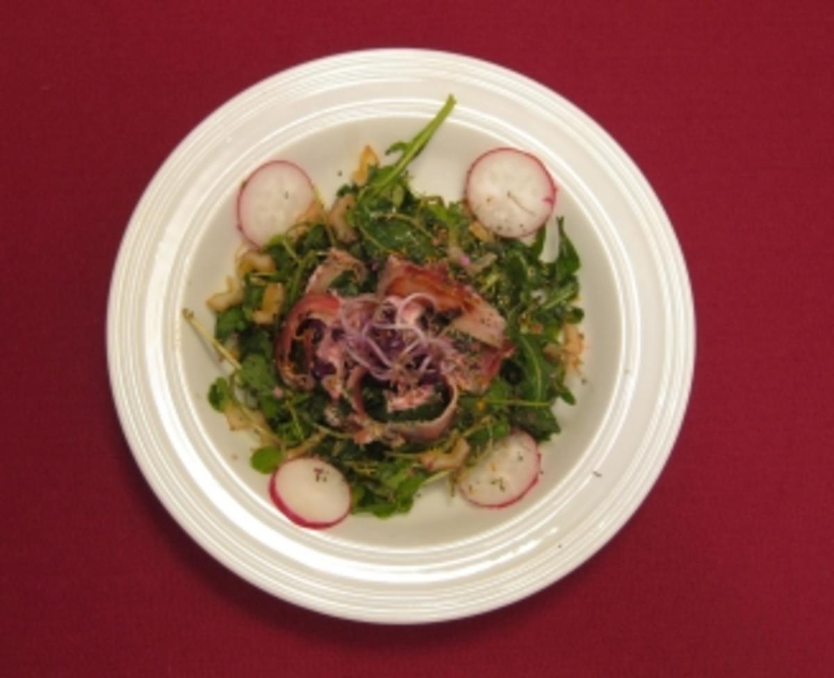 Rucola-Brunnenkresse-Salat mit ummanteltem Ziegenkäse - Rezept