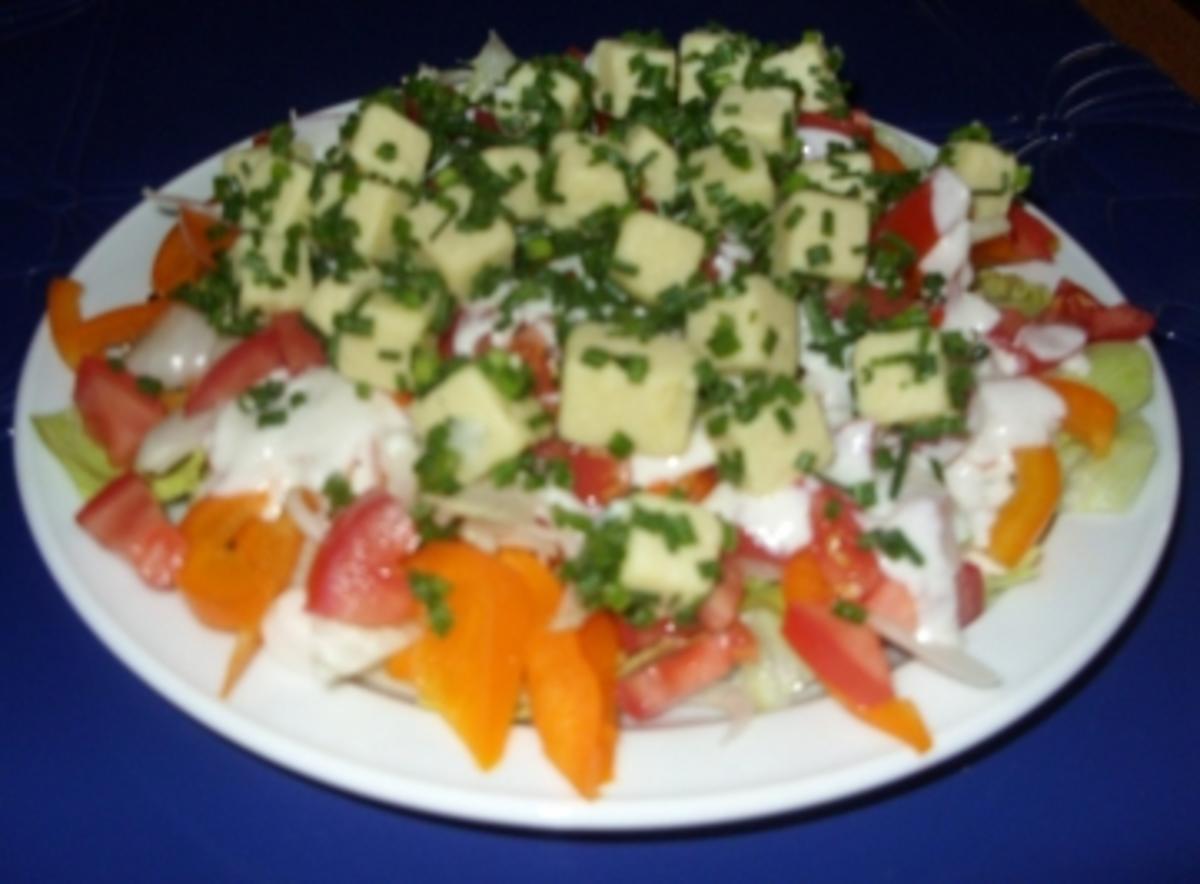 Mein großer Salatteller mit Appenzeller-Käse und Joghurt/Sahne-Dressing - Rezept
