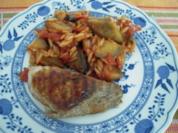 Auberginenpfanne mit Kritharaki, Tomaten und gegrilltem Schweinefilet - Rezept