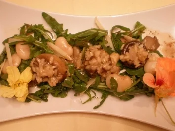 Shitake-Pilzrisotto in Riesenchampignons an Rucolasalat, gebratenen Austernpilzen und Riesenchampignons - Rezept