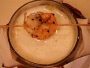 Latte macchiato vom Bärlauch mit Zitronenschaum und Shrimpsspießen - Rezept