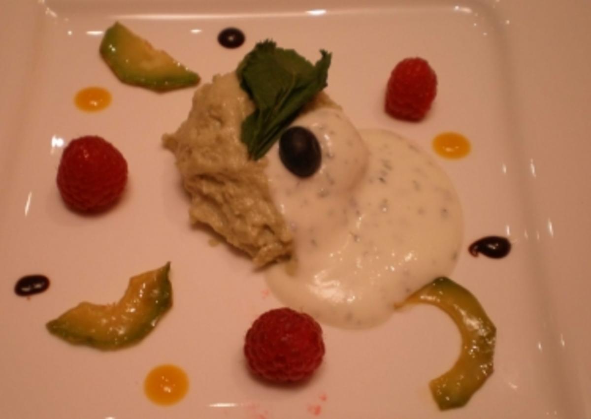 Avocado-Limettenmousse mit Jogurt-Minzeschaum und frischen Himbeeren - Rezept