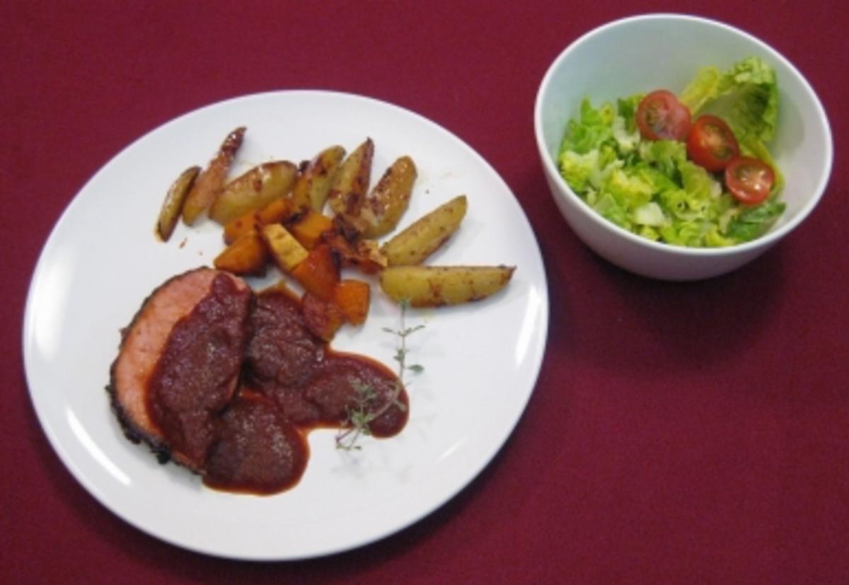 Schweineschinkenbraten in BBQ-Whisky-Soße mit Kartoffeln und Ben-Hur-Salat - Vom Winde verweht - Rezept