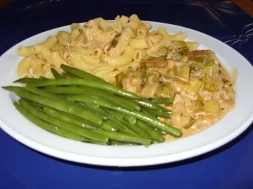 Rezept: Rahmschnitzel mit Prinzessbohnen und Nudeln Rahmschnitzel mit Prinzessbohnen und Nudeln - Rezept