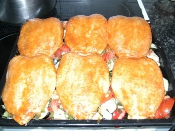 Rezept: Hähnchenbrust auf buntem Gemüse vom Blech Bild Nr. 4 Hähnchenbrust auf buntem Gemüse vom Blech - Rezept - Bild Nr. 4