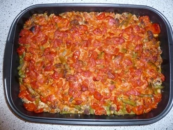 Rezept: Bohnen-Mett Auflauf mit Tomaten Bohnen-Mett Auflauf mit Tomaten - Rezept