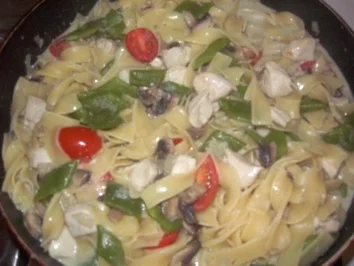 Hähnchen-Nudeln mit Bohnen, Champignons und Tomaten - Rezept