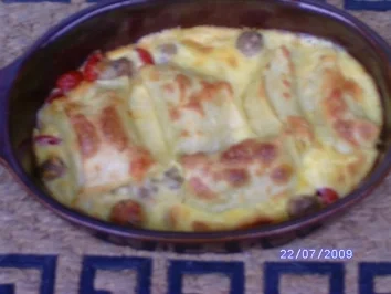 Überbackene Maultaschen mit Hackbällchen - Rezept