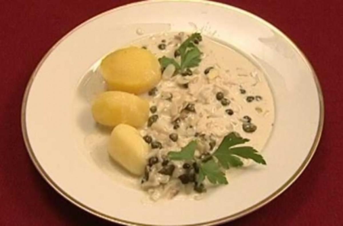 Seezunge mit Kapern, Calvados, Sahne und Kartoffeln (Egon Wellenbrink) - Rezept