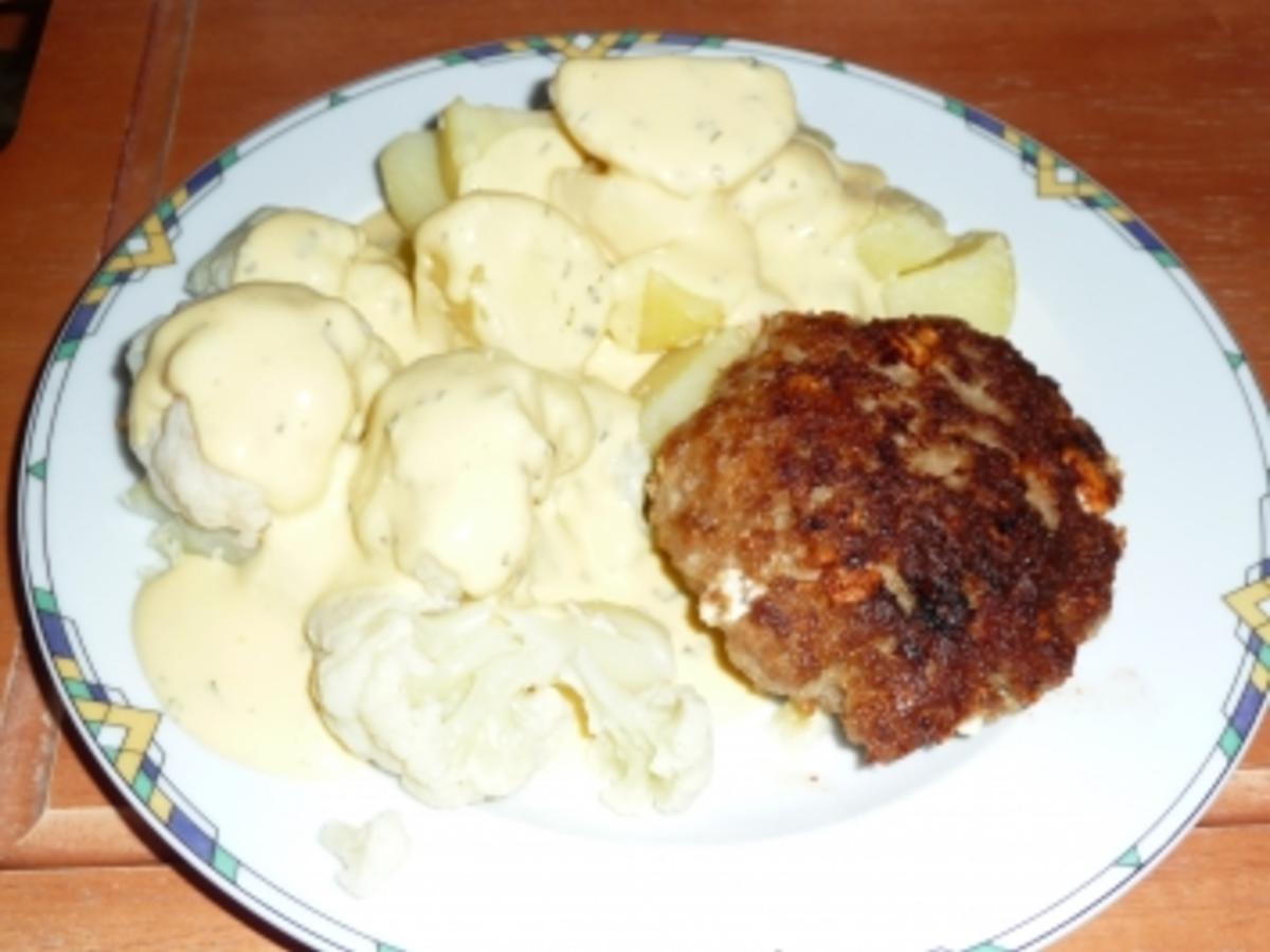 Buletten mit Blumenkohl,Kartoffeln und Sauce Hollandaise - Rezept ...