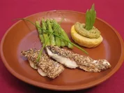 Eier in Pinienkernpesto zu Fischhäppchen in Koriander-Kruste und Spargel - Rezept