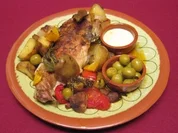 Huhn mit Backkartoffeln und Beiwerk - Rezept