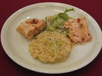 Teriyaki-Lachs auf Wasabi-Gurkensalat an Safranrisotto - Rezept