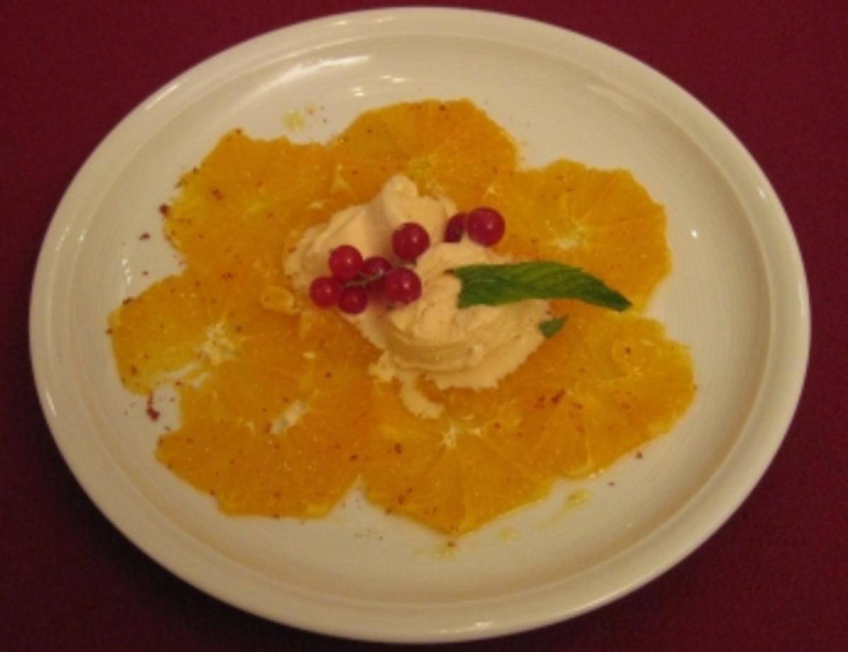 Orangencarpaccio mit Olivenöl und rotem Pfeffer mariniert und Mandeleis
- Rezept Von Einsendungen Das perfekte Dinner