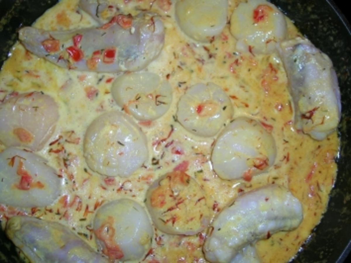 Jakobsmuscheln und Seeteufel an roten Linsen mit Reis und Safran-Weißwein-Sauce - Rezept - Bild Nr. 2