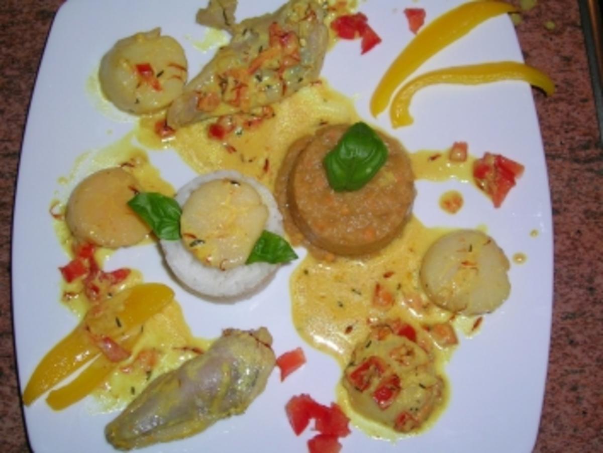 Jakobsmuscheln und Seeteufel an roten Linsen mit Reis und Safran-Weißwein-Sauce - Rezept - Bild Nr. 3