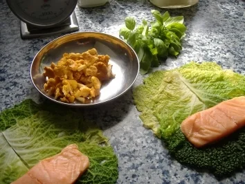 Rezept: Lachs im Wirsingblatt mit frischen Pfifferlingen und Basilikumschaum Bild Nr. 2 Lachs im Wirsingblatt mit frischen Pfifferlingen und Basilikumschaum - Rezept - Bild Nr. 2