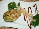 überbackene Avocado mit Garnelenspieß - Rezept
