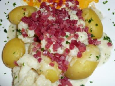 Blumenkohl - Kartoffeln in holländischer Sauce mit Schinken und Ei - Rezept