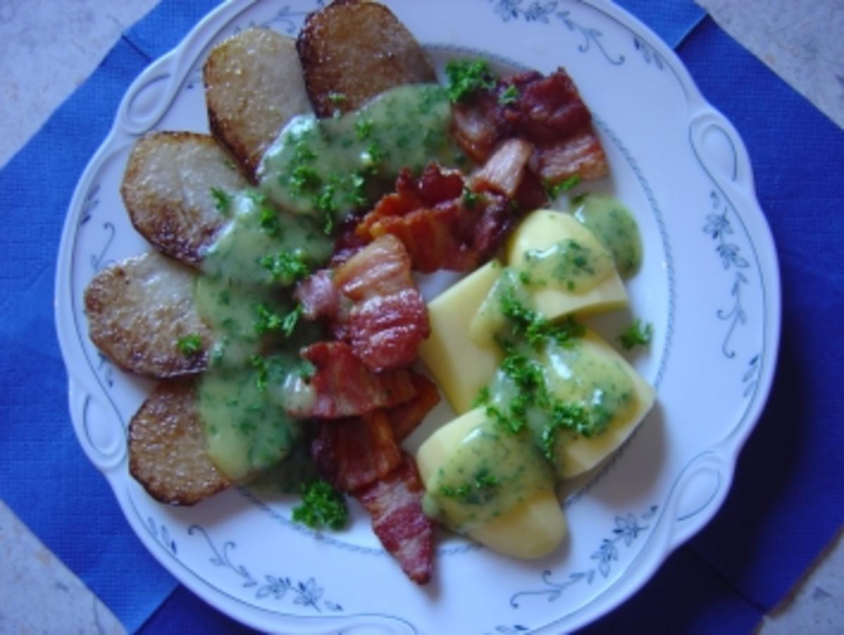 Kohlrabi gebraten,  mit Katenbauchspeck und Kräutersauce - Rezept