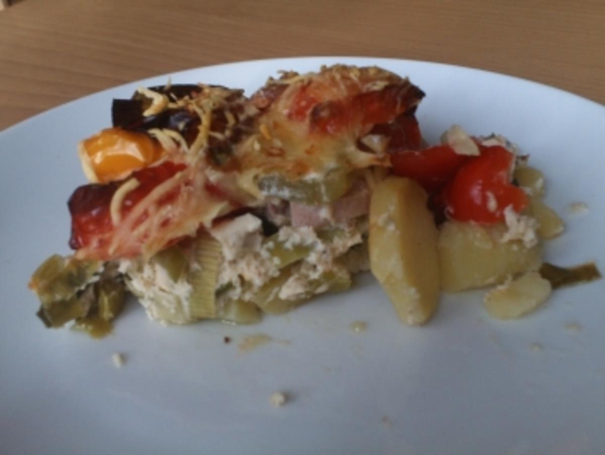 Bilder für Kartoffelauflauf mit Geflügelfleischwurst und gegarte Pellkartoffel - Rezept