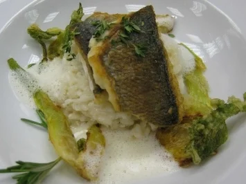Rezept: Gegrilltes Filet von der Dorade an Olivenrisotto mit Fenchel im Brickteig Gegrilltes Filet von der Dorade an Olivenrisotto mit Fenchel im Brickteig - Rezept