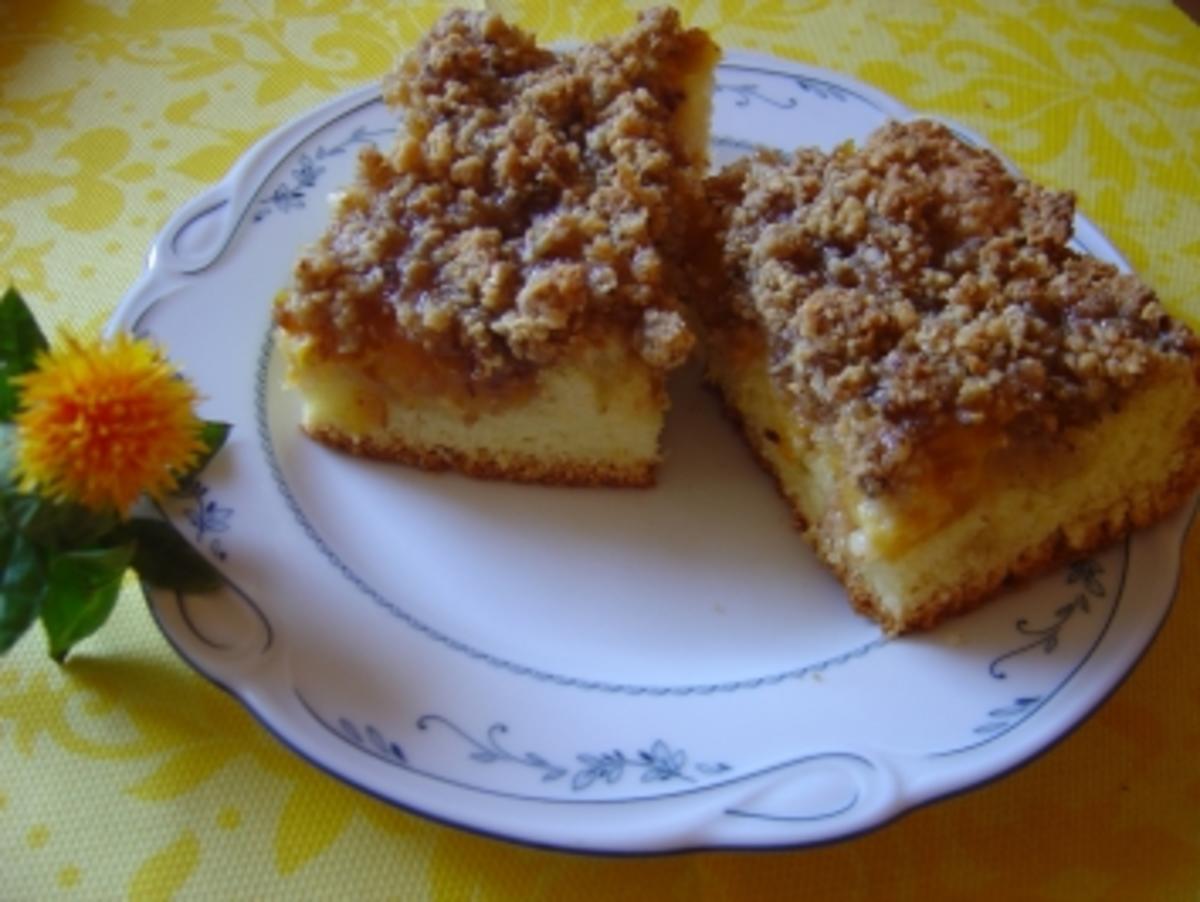 Bilder für Mirabellen-Blechkuchen mit Haselnußstreusel und Aprikosenmarmelade, eigene Komposition... - Rezept