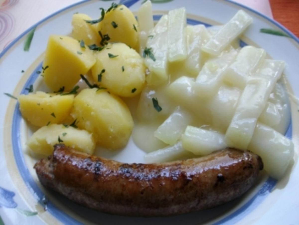 Bratwurst mit Kohlrabi und Kartoffeln - Rezept