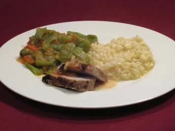 Schweinefilet mit Thymian und Rosmarin, Weißwein-Risotto und Bohnen - Rezept
