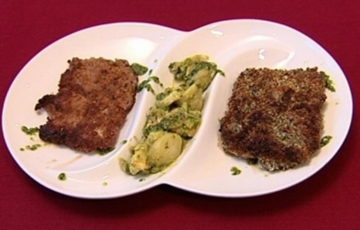 Zweierlei Schnitzel mit Avocado-Kartoffel-Spargelsalat an Bärlauchpesto (Mark Kühler) - Rezept