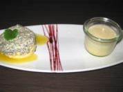 Mohnmousse mit Mangosoße auf Buttercreme und Marzipan mit Vanille-Espuma - Rezept