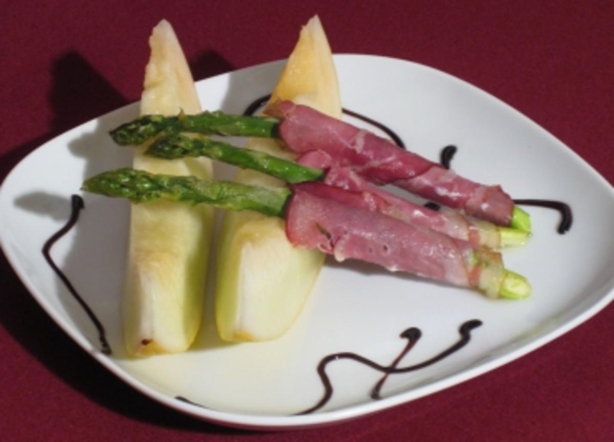 Bilder für Schinken umgarnt grünen Spargel an Honigmelone mit Trüffelbalsamico - Rezept