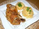 Kartoffel-Möhrenpüree mit marinierten Putenschwenker und gerösteten Zwiebelringen - Rezept