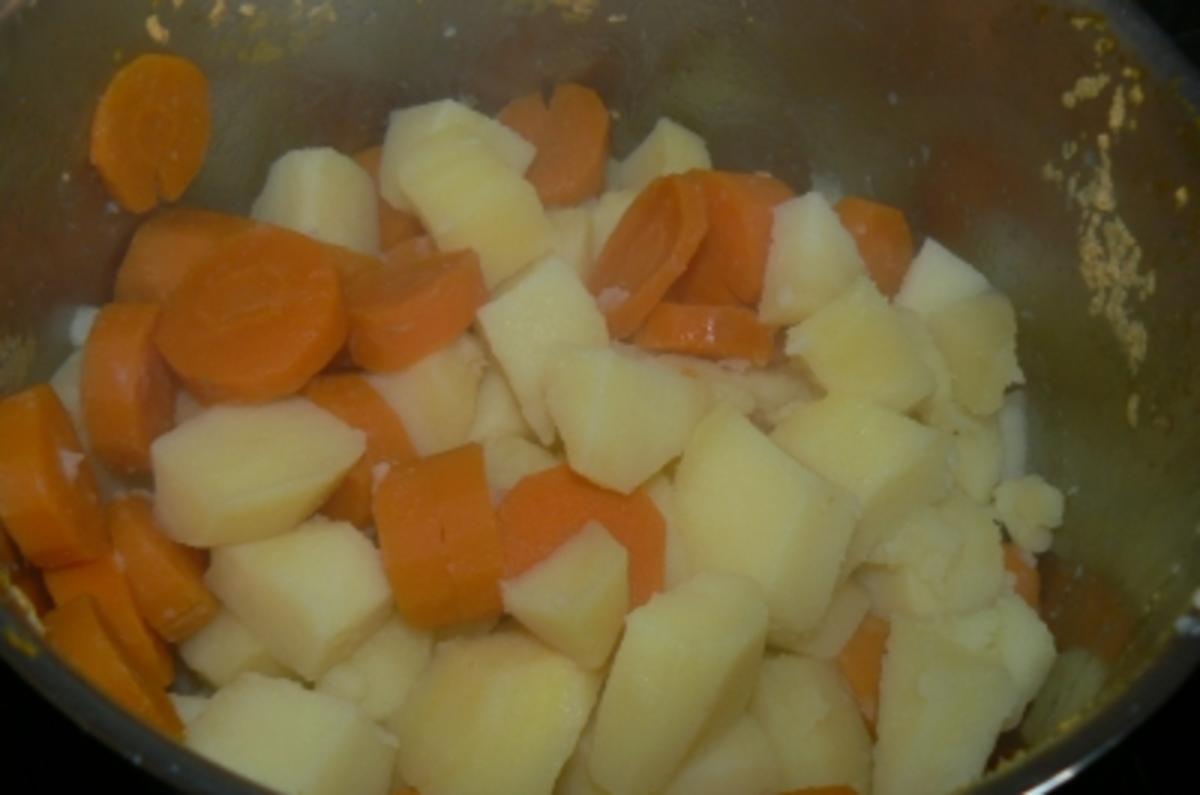 Kartoffel-Möhrenpüree mit marinierten Putenschwenker und gerösteten Zwiebelringen - Rezept - Bild Nr. 2