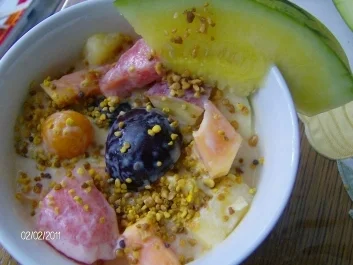 Obstsalat mit Blütenpollen und Haselnußkrokant - Rezept