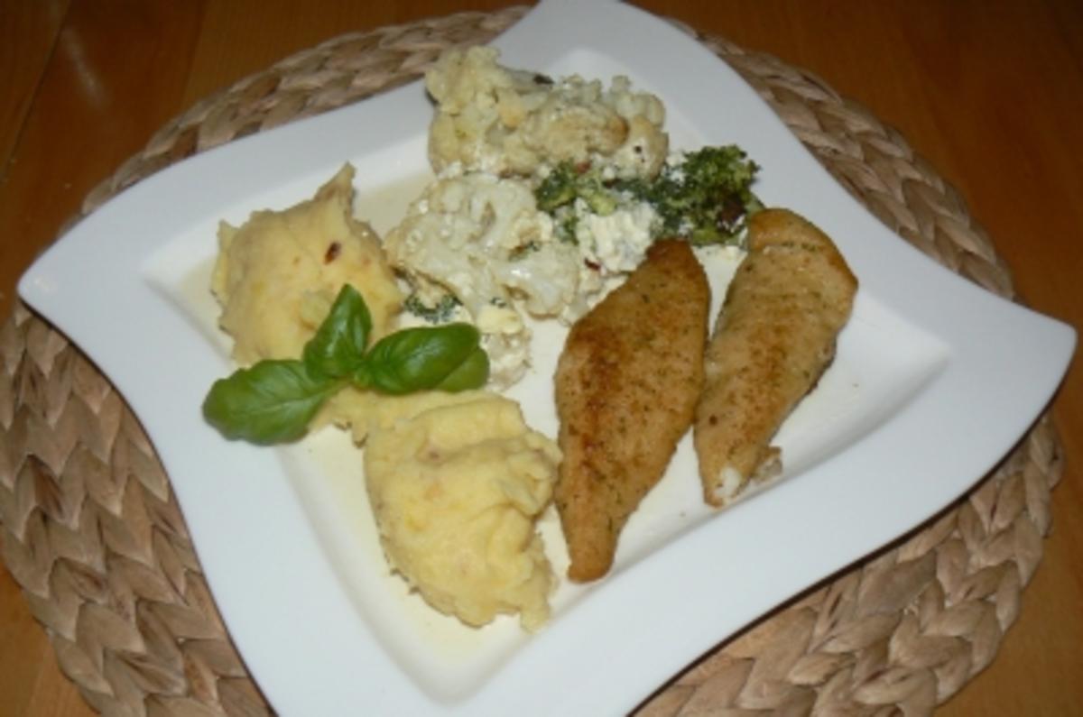Broccoli-Blumenkohlauflauf mit Kartoffel-Zwiebelpüree und leckerem Fisch - Rezept