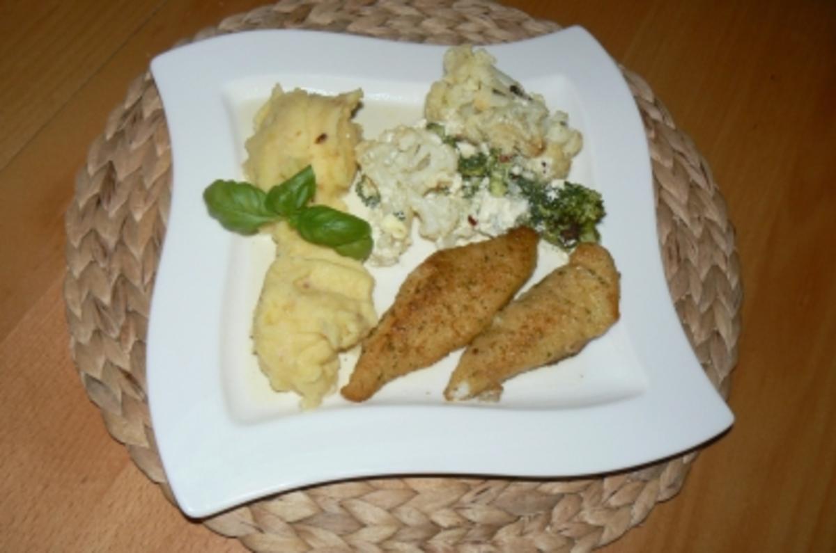 Broccoli-Blumenkohlauflauf mit Kartoffel-Zwiebelpüree und leckerem Fisch - Rezept - Bild Nr. 4