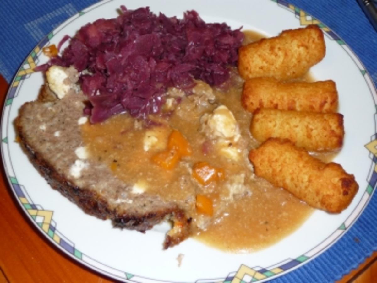 Falscher Hase mit Apfelrotkohl und Kroketten - Rezept