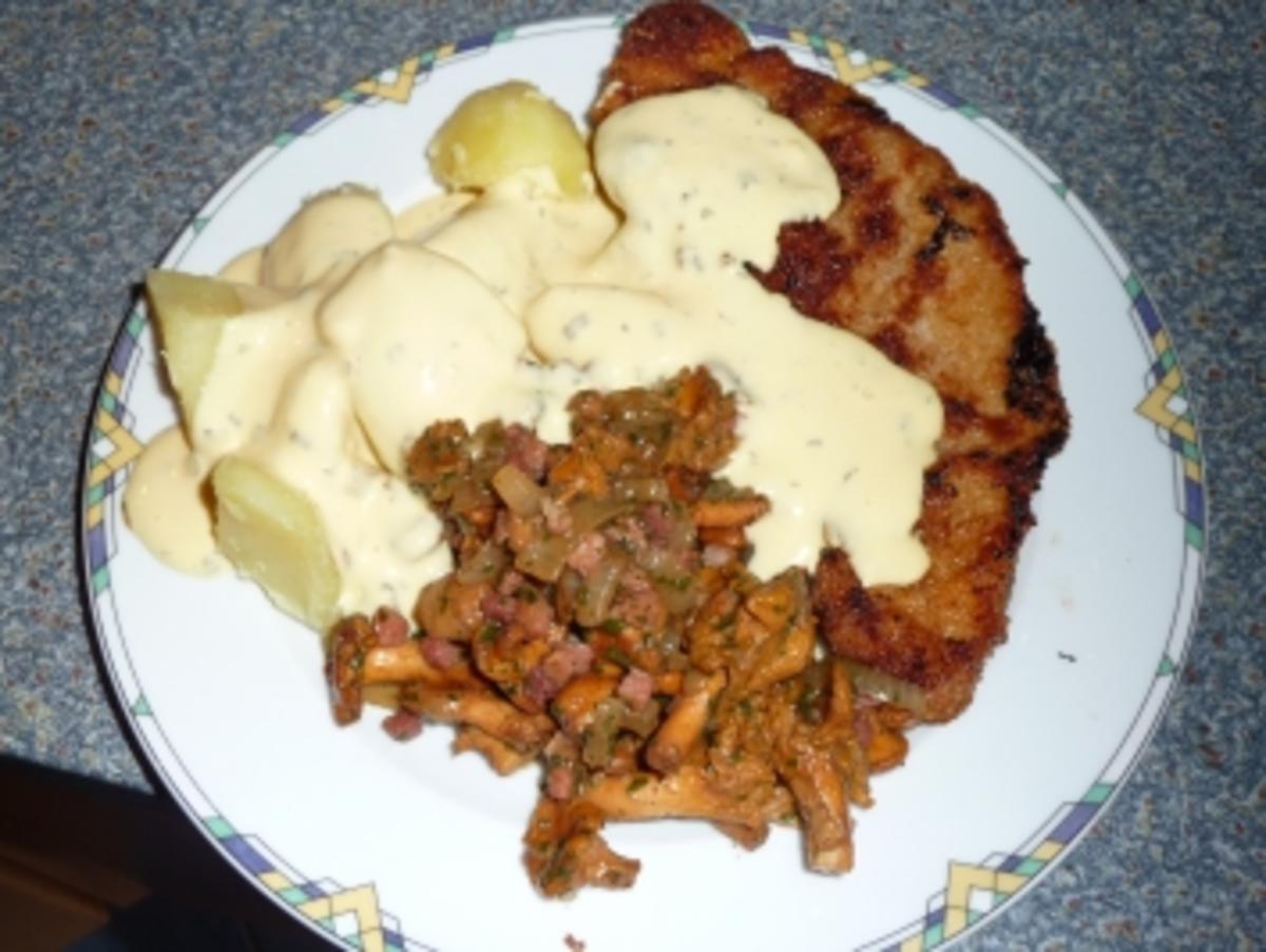 Bilder für Schnitzel mit Pfifferlinge,Salzkartoffeln und Sauce Hollandaise - Rezept