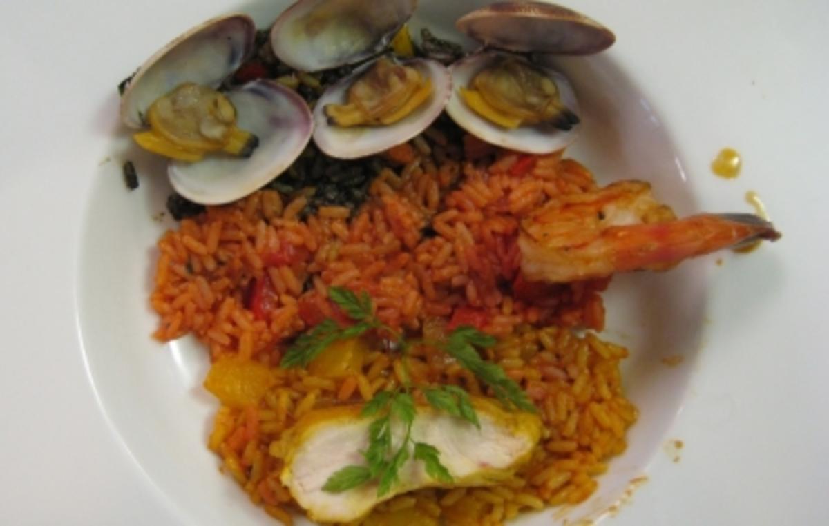 Dreierlei Paella mit gratinierter Miesmuschel, Gamba und Hühnchenstreifen - Rezept