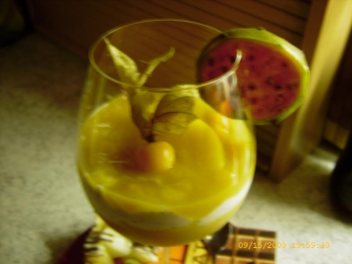 Fruchtspiesse an Mohnquark mit Pfirsichpüree - Rezept