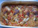 Hähnchenkeulen mit Paprikareis im Ofen - Rezept