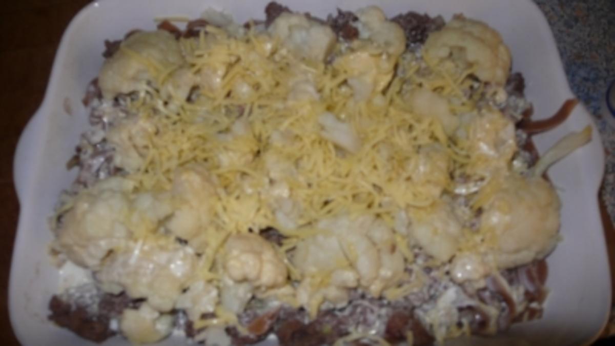 Pizzakatzes Rinderhack-Blumenkohl-Vollkornnudel-Auflauf - Rezept