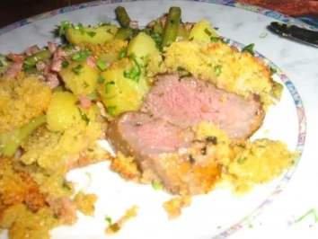 Lamm-Medaillions gratiniert, an Bohnen-Kartoffel-Gemüse - Rezept - Bild Nr. 2