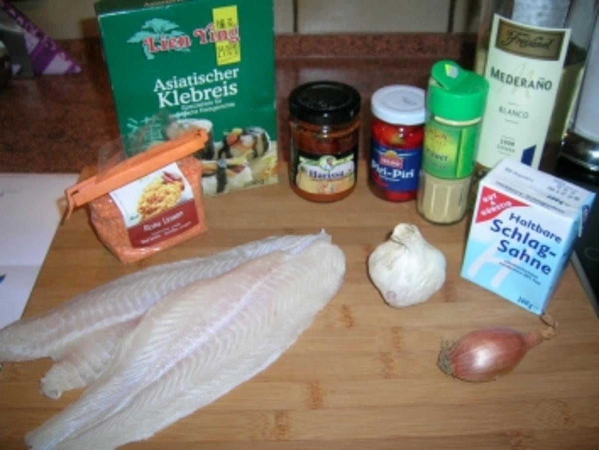 Pangasiusfilet in sanfter Curry-Chili-Sahne-Sauce mit Reis-Linsen-Paprika-Törtchen - Rezept - Bild Nr. 3