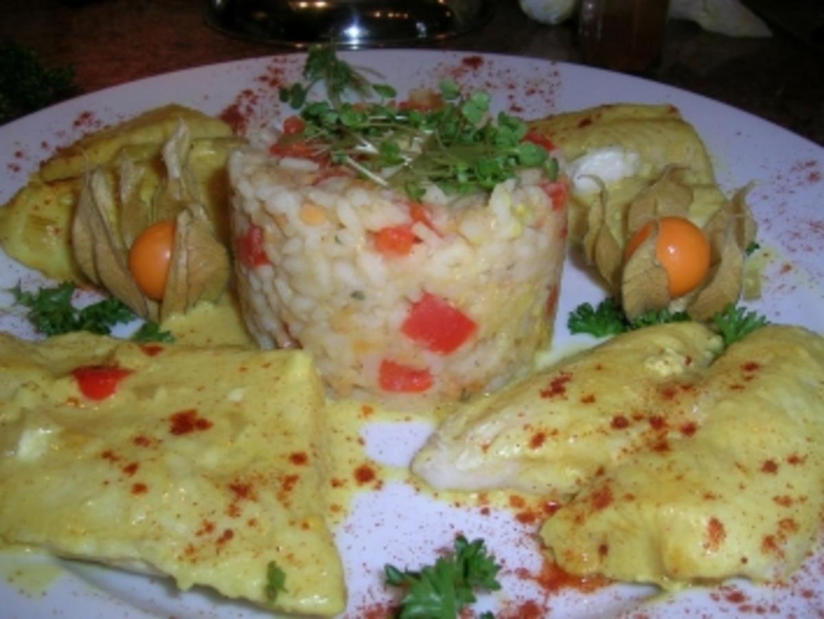 Pangasiusfilet in sanfter Curry-Chili-Sahne-Sauce mit Reis-Linsen-Paprika-Törtchen - Rezept - Bild Nr. 2