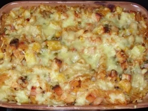 Auflauf herzhaft - Nudel-Kartoffel-Auflauf mit Leberkäse und Gemüse - Rezept