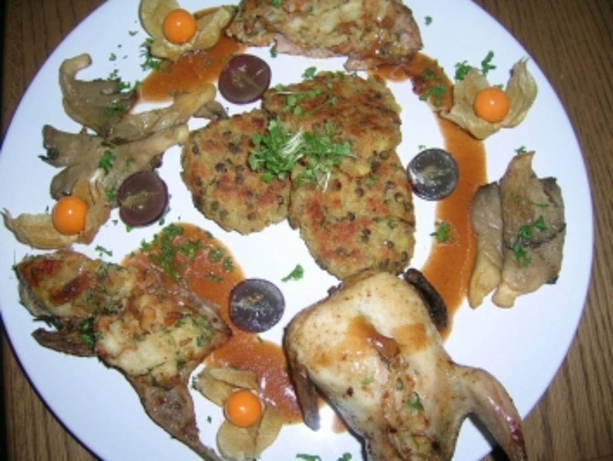 Gefüllte Wachteln mit Pfifferlingen, Portweinjus an buntem Linsen-Reis-Kartoffel-Rösti ( Fotos) - Rezept - Bild Nr. 3