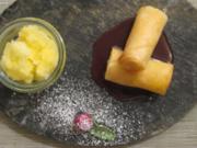 Süße Frühlingsrolle gefüllt mit Mango und Limette an Schokosoße und Orangen-Ingwer-Eis - Rezept